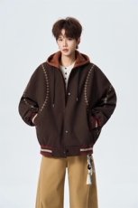 明线刺绣连帽棒球服春季宽松假两件潮流百搭外套XZ309JK8006P95，女装短外套，星座309（原A406）