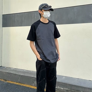 抖音得物高品质二开240克宽松纯棉美式潮牌插肩袖拼接短袖T恤图片