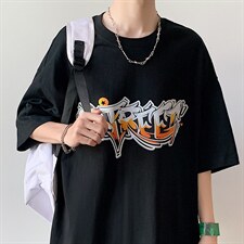 潮流嘻哈手绘涂鸦字母圆领短袖T恤宽松大码517A-1-T906-P28控38，男装T恤，星座517A-1