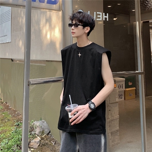 美式垫肩背心男大码四角星无袖短袖T恤男BX8764P25控39图片