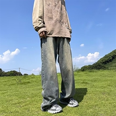 复古水洗做旧拉链牛仔裤男高街潮牌痞帅直筒宽松休闲阔腿长裤，男装牛仔裤，星座716-4
