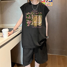 直播美式麂皮绒宽松背心无袖t恤短裤大码两件套套装TZ37-P58，男装T恤，电商A486