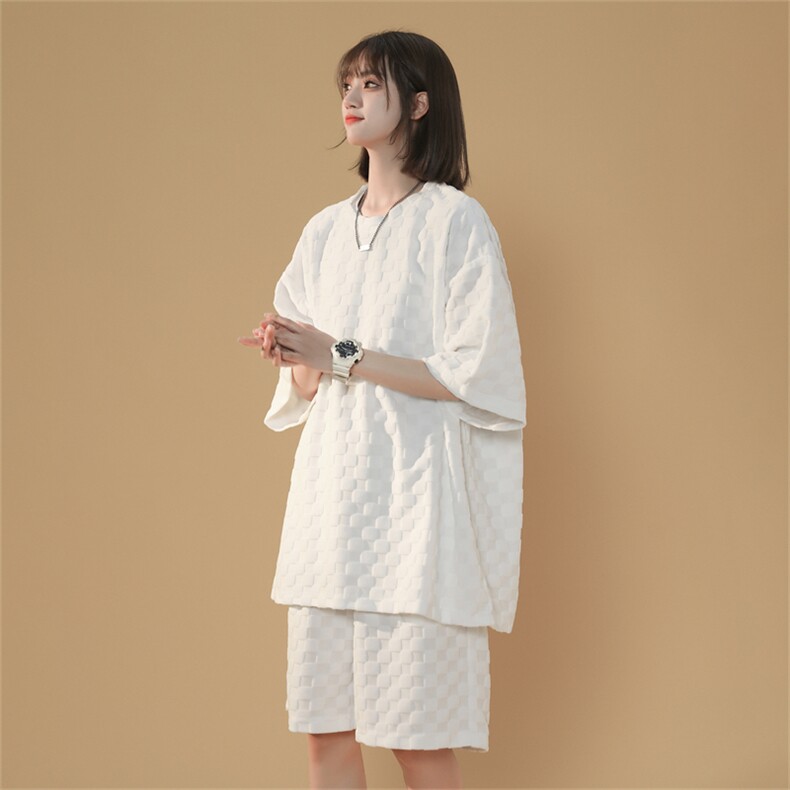 TZ84647/P60夏季新款格子短袖短裤t恤休闲宽松大码两件套套装男，女装运动套装，电商A141