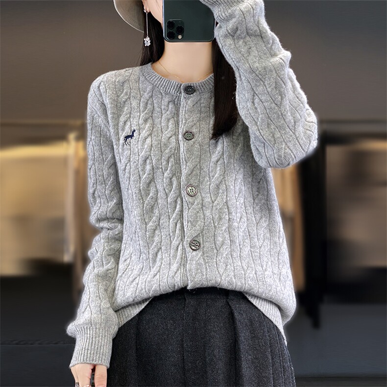 2024秋冬新款羊毛女士圆领麻花羊毛开衫,女装羊毛衫,润辉羊绒
