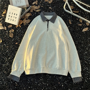 美式学院风假两件半拉链撞色卫衣女宽松慵懒外套T恤WB535-P43图片