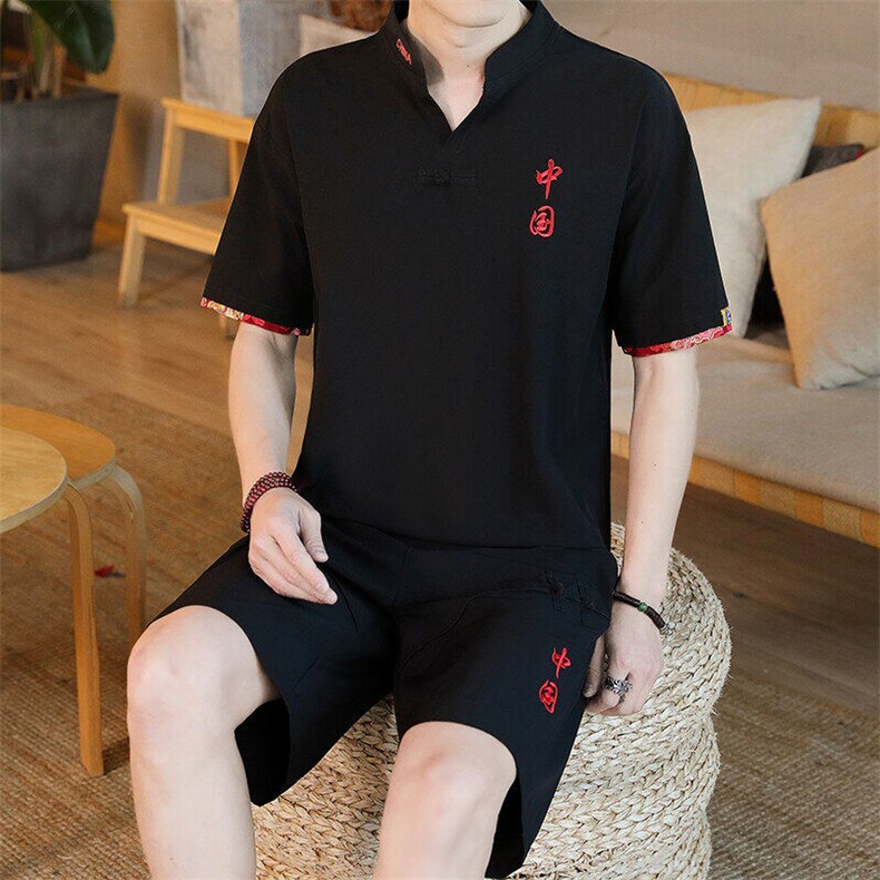 夏季短袖套装五分裤套装休闲新款风中式男图片