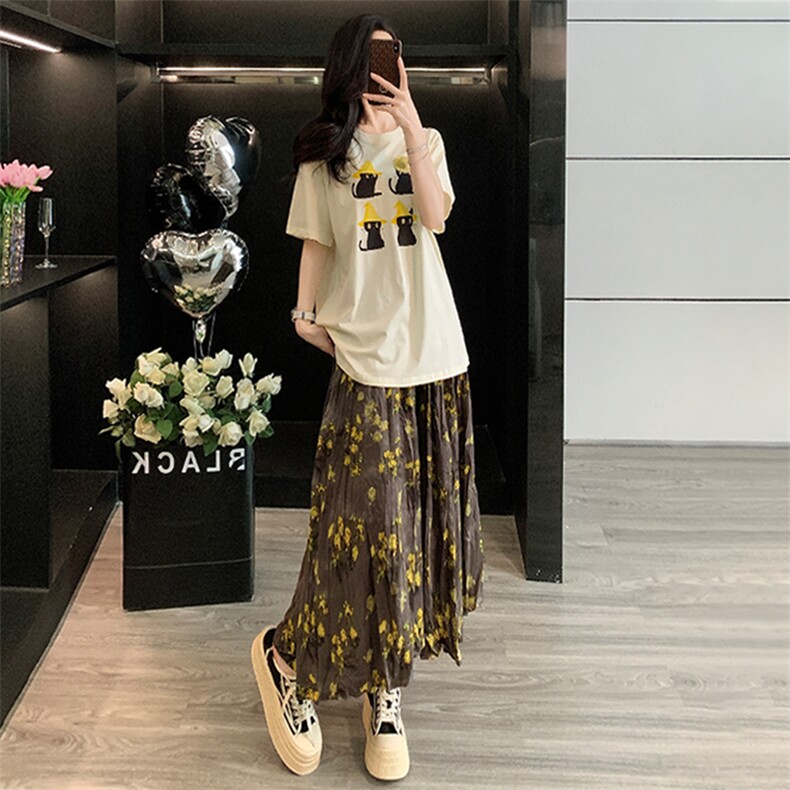 女夏季新款时尚洋气套装裙宽松显瘦卡通猫咪印花短袖长裙两件套潮图片