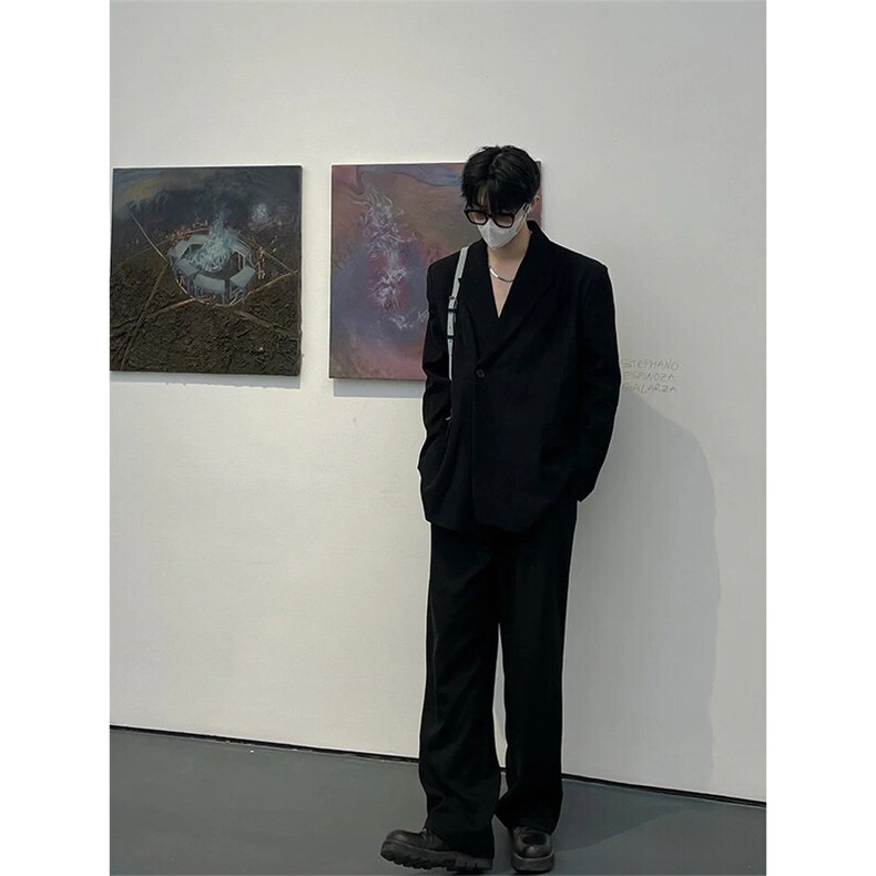 现货~戗驳领西装外套垫肩休闲宽松挺阔黑色男女西服夹克X892-P105,男装夹克,星座1004-3