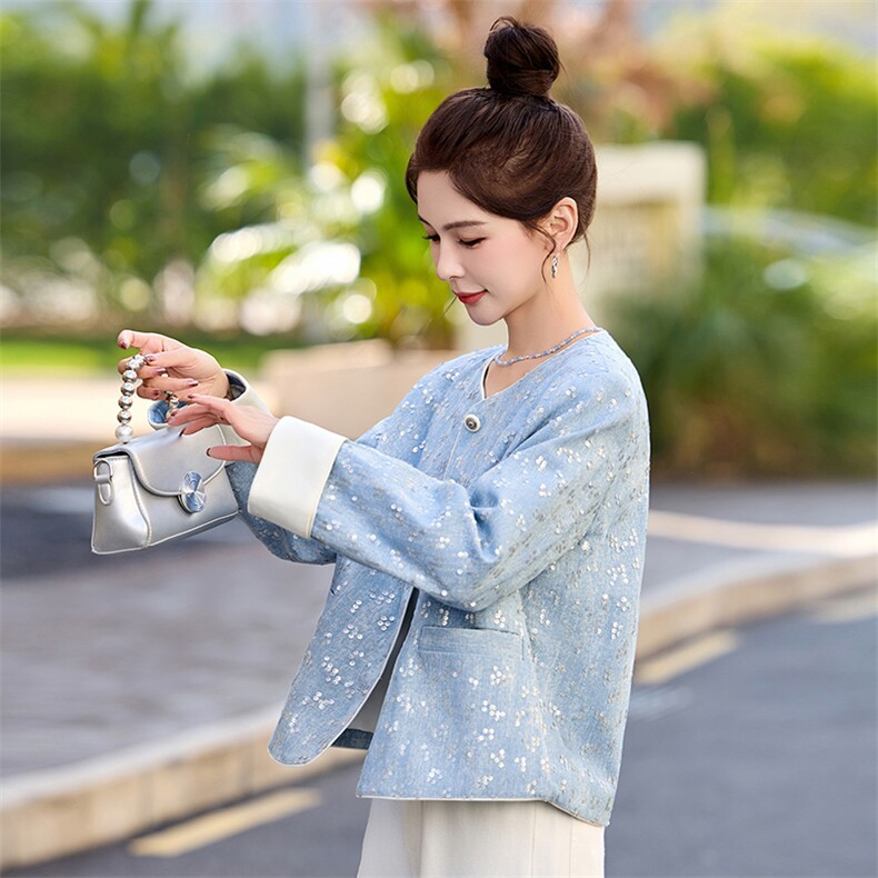 小香风高级感亮片牛仔短外套女2025春季新款圆领气质休闲百搭上衣,女装短外套,盈茜