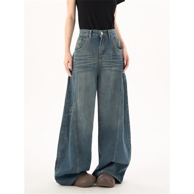 2373-P55水洗复古蓝弯刀牛仔裤美式街头宽松阔腿裤潮牌高街，女装牛仔裤，电商A306A