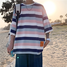 新款宽松短袖条纹港风t恤男装夏装长袖ins外穿上衣T041-P20，男装T恤，星座512-2