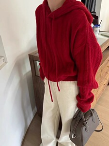 连帽毛衣女秋冬2024新款宽松慵懒风针织衫长袖上衣图片