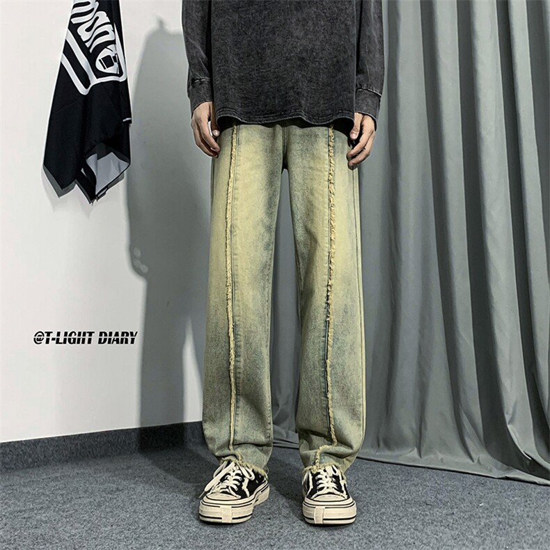 B221美式ins高街小众情侣款毛边直筒牛仔裤LK23013-P60控78,男装牛仔裤,电商B221