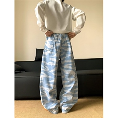 港风秋款男牛仔裤波浪纹褶皱迷彩宽松直筒长裤K7029P52，男装牛仔裤，星座1013-1