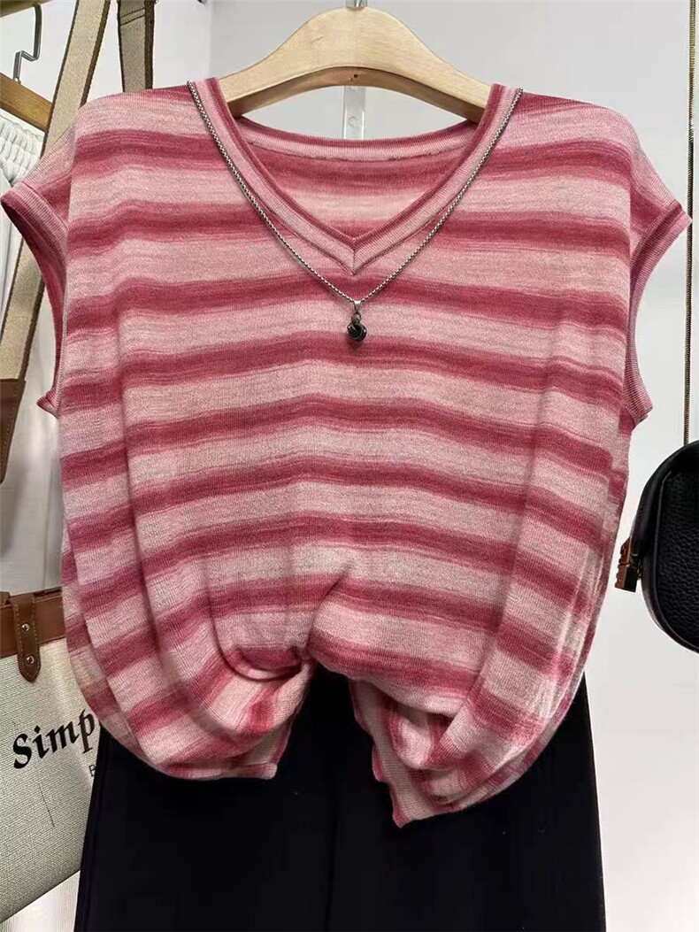 时尚彩虹条纹宽松无袖针织衫女夏季新款百搭显瘦休闲上衣,女装T恤,业大羊绒