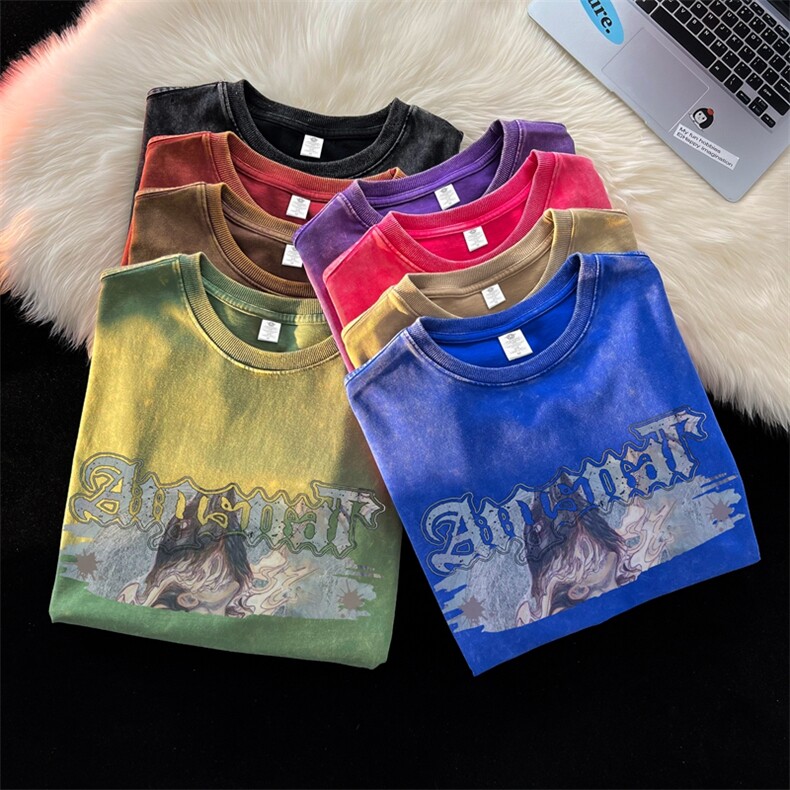 水洗做旧潮牌印花短袖T恤男夏季美式重磅潮牌宽松青少年体恤上衣,男装T恤,星座517A