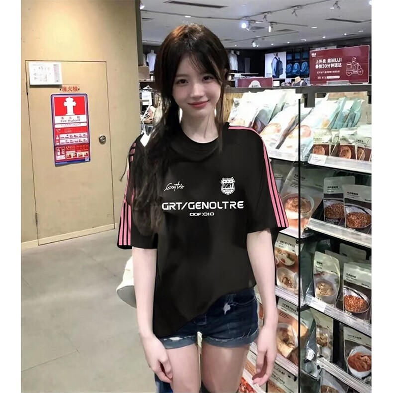 抖音得物品质二开240克宽松纯棉美式潮牌印花三条杠中性风短袖T恤,男装T恤,电商A486