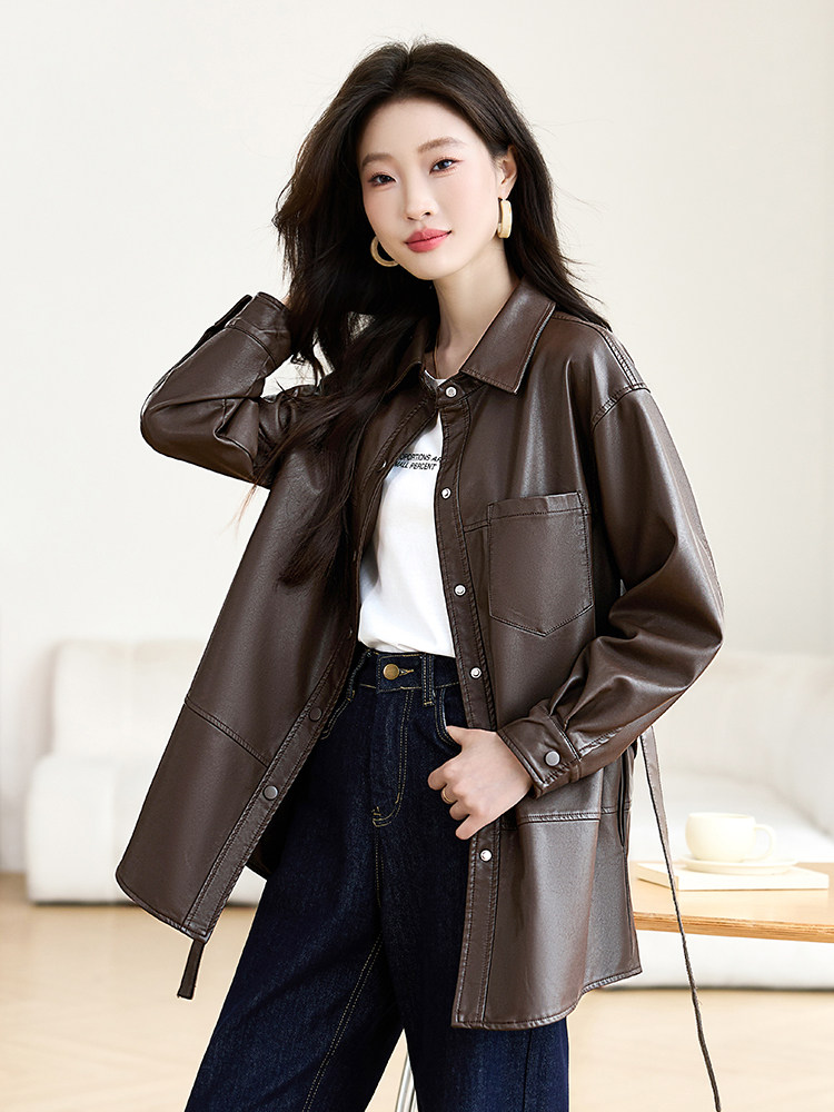 皮衣外套女2025开春新款高级感超火欧货休闲中长款棕色衬衫领夹克,女装皮衣,贵人树