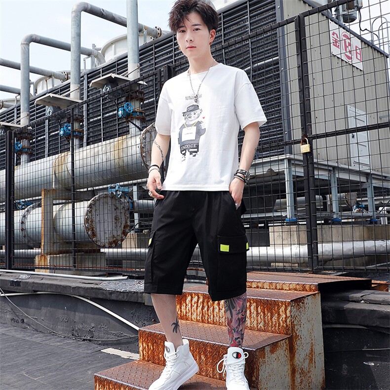 有版权纯棉原创小熊套装圆领T恤潮免搭工装短裤假两件T766-P58,男装休闲套装,星座1206（原A206）