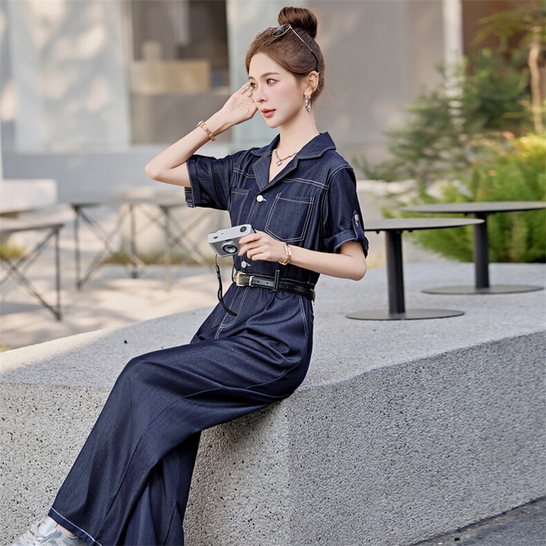 （新款现货）闺舍2026夏时尚女洋气天丝牛仔阔腿连体裤（配腰带）,女装连体裤,印象茜