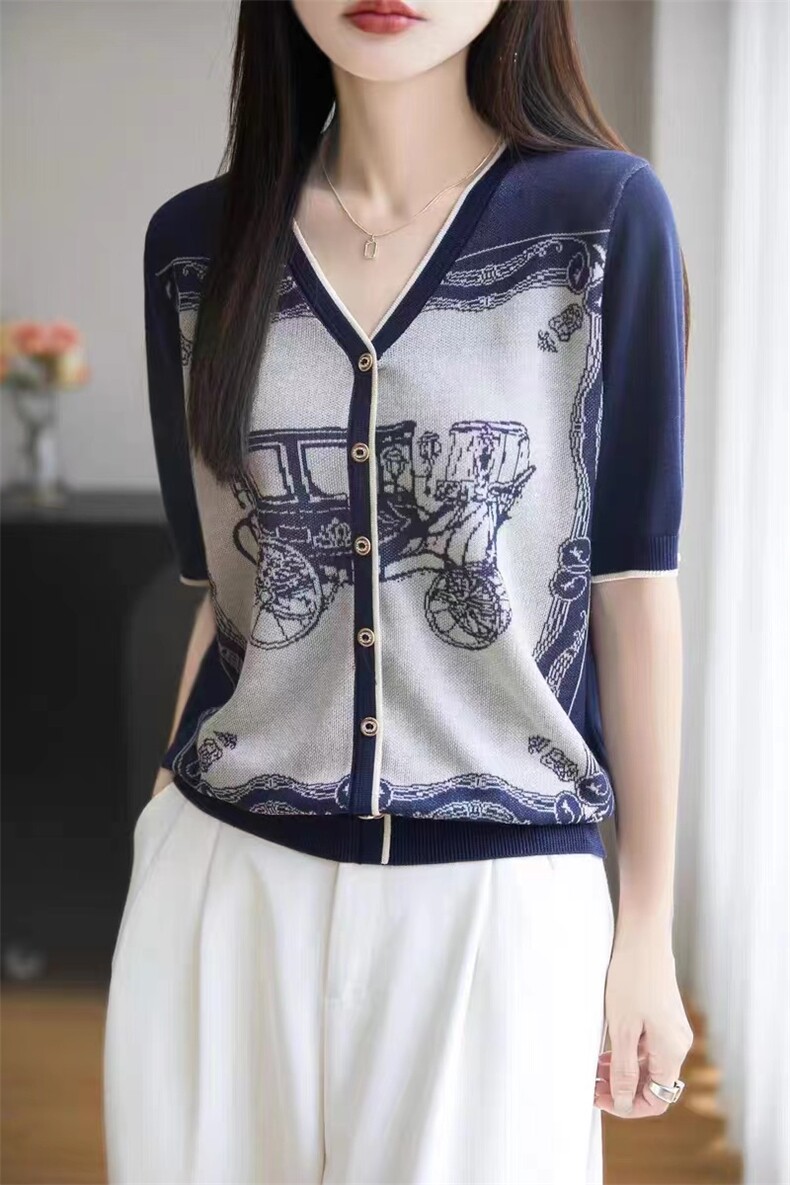 2025夏季新款V领拼色提花短袖t恤女宽松薄款冰丝针织衫女上衣女潮，女装针织衫/毛衣，天佑贝依