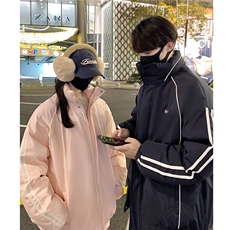 情侣装冬装港风条纹织带棉服棉衣休闲加厚外套男女G1107P118，男装棉衣，电商A339