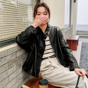 春季机车蝙蝠袖帅气立领皮衣外套女短款时尚港风休闲宽松显瘦夹克图片