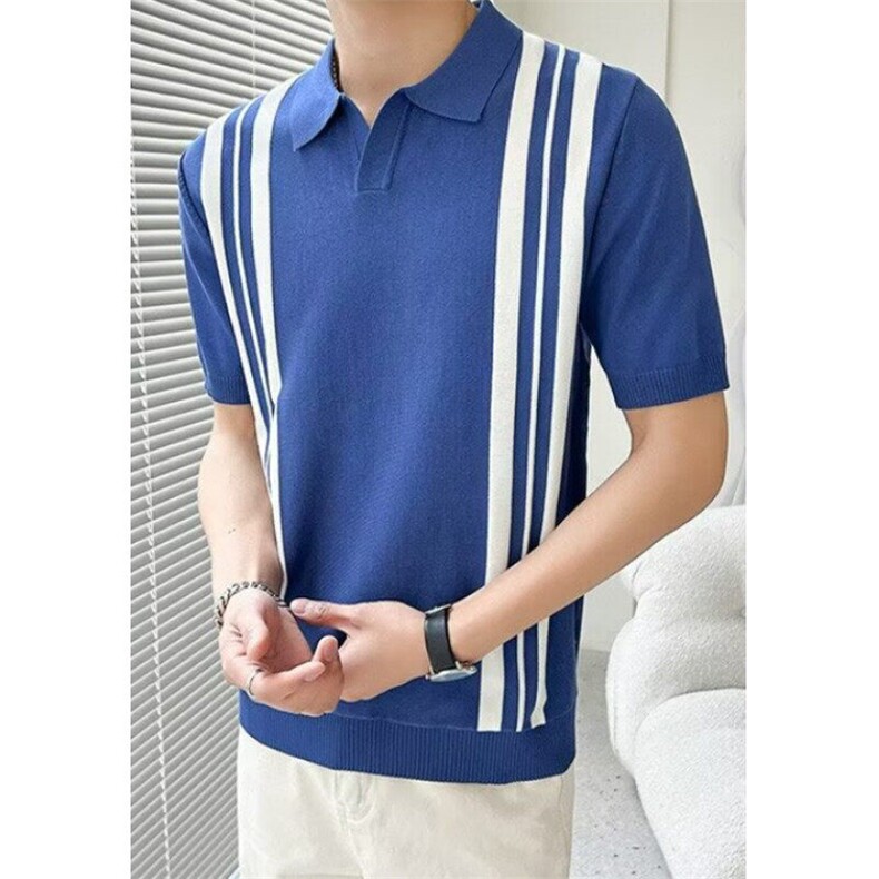 夏季条纹撞色翻领针织V领半袖冰丝透气休闲polo衫短袖T潮TB230,男装Polo衫,星座1116A-2（原606A-1）