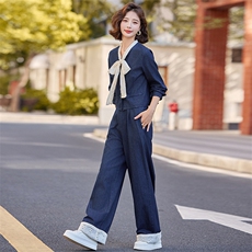 早秋穿搭一整套蝴蝶结牛仔套装女2024新款高腰小香风阔腿裤两件套，女装套装/套裙，橙子家