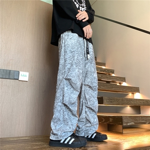 特P40控78扎染灯芯绒美式刺绣大码宽松直筒休闲长裤子100聚酯K405图片