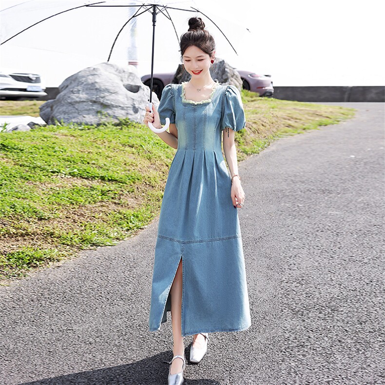 牛仔连衣裙女夏季新款韩系过膝长裙收腰显瘦开叉设计感泡泡袖裙子,女装连衣裙,韩蜜菓