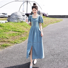 牛仔连衣裙女夏季新款韩系过膝长裙收腰显瘦开叉设计感泡泡袖裙子，女装连衣裙，韩蜜菓