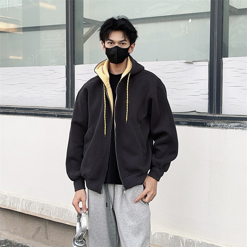 抖音得物二开美式高街重磅结构双层撞色连帽卫衣开衫外套W116,女装短外套,电商A486-1