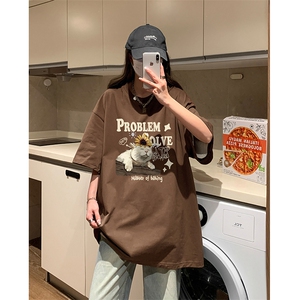 慵懒风小猫咪印花休闲宽松打底衫美式vibe纯棉短袖T恤HY574TP20图片