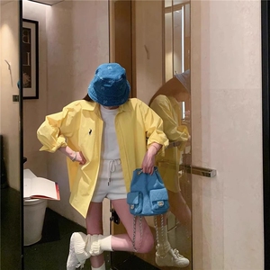 刺绣黄色长袖衬衫男女春夏季宽松百搭上衣防晒情侣外套衬衣 C8253图片