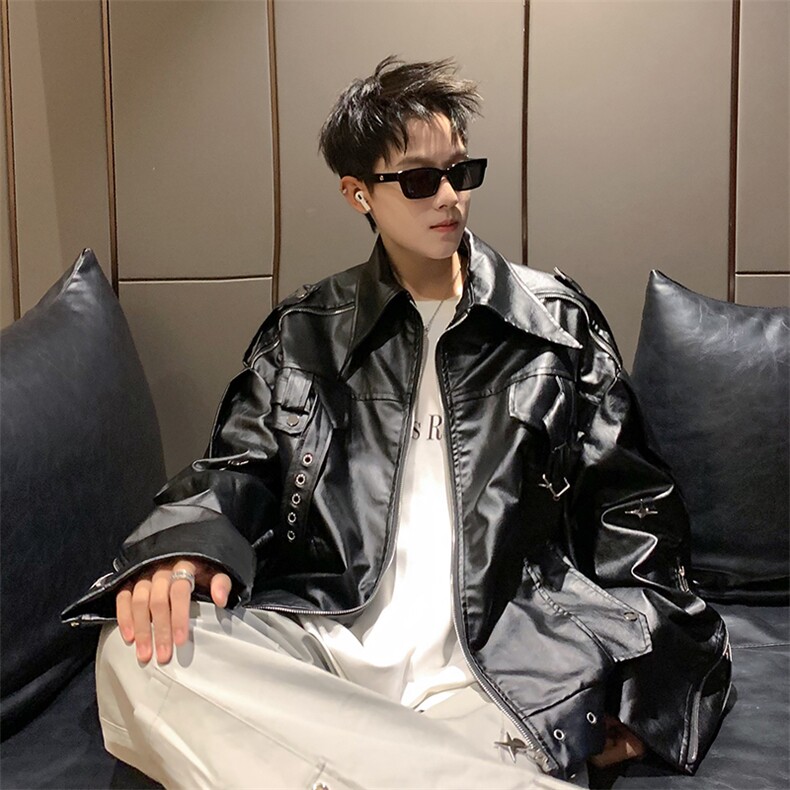 美式复古高街白色皮衣外套男春秋款潮牌小众高级感短款机车服夹克图片