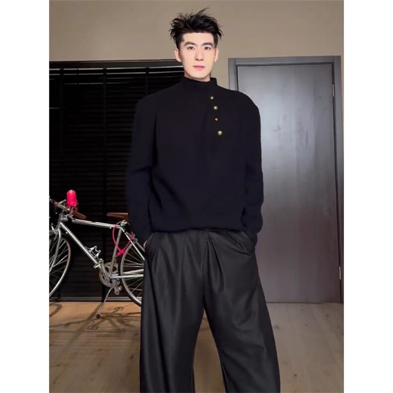 秋季新款潮流侧扣设计高级感时尚百搭高领针织毛衣LF09P75特，男装针织衫/毛衣，电商D256