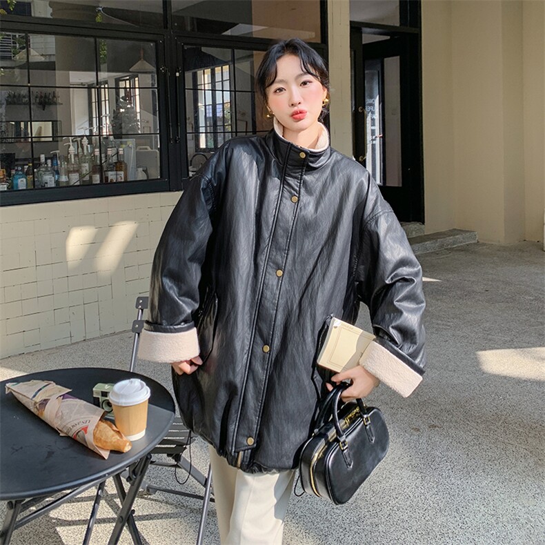 黑色高级感PU皮衣派克服女2025年冬季新款韩版小个子加厚机车棉服,女装羽绒服,2C129