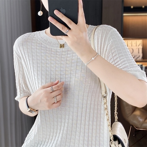 圆领短袖纯色套头显瘦百搭淑女针织衫，女装针织衫/毛衣，总能电商供货