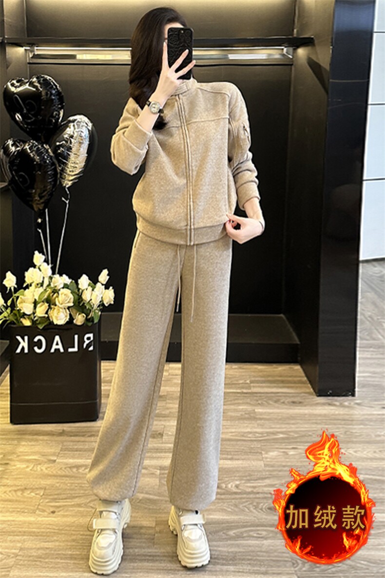 时尚减龄小个子立领卫衣阔腿裤两件套加绒款,女装套装/套裙,江南