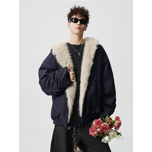 现货仿牛仔座山雕棉服美式连帽毛毛重磅设计感外套A170-M901-P142图片