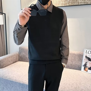 衬衫领休闲假两件毛衣男士春秋条纹针织衫新款轻熟风线衣 Q336图片