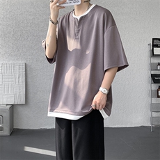 8XL-M重磅斜纹假两件短袖t恤男夏季薄款宽松大码半袖体恤DT006P45，男装T恤，电商B312