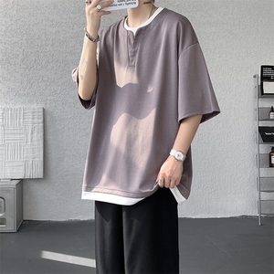 8XL-M重磅斜纹假两件短袖t恤男夏季薄款宽松大码半袖体恤DT006P45图片
