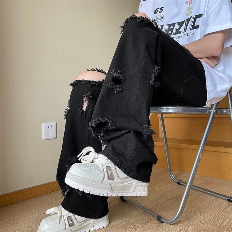 破洞牛仔裤男美式街头宽松休闲百搭设计感痞帅水洗直筒裤7063/P40，男装牛仔裤，星座506