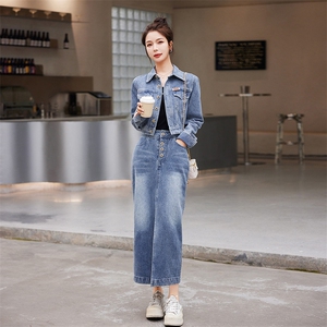 时尚显瘦牛仔套装女 气质百搭长裤外套两件套图片