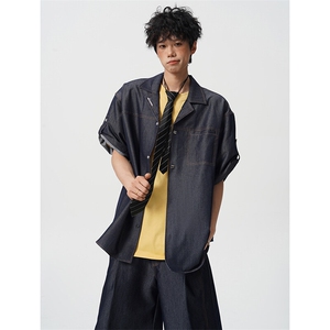 8XL-M 夏季简约高级感冰丝牛仔古巴领男休闲痞帅宽松套装潮TZ109图片
