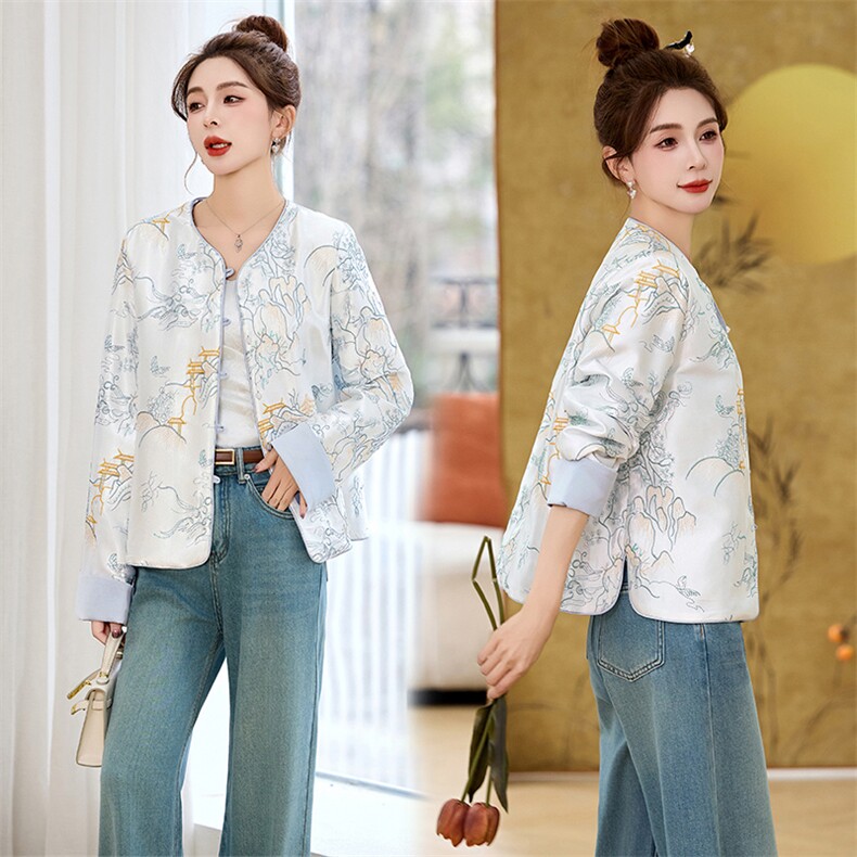 新中式国风刺绣圆领短外套女2025春季新款小个子显瘦气质休闲上衣，女装短外套，涵亦佰惠
