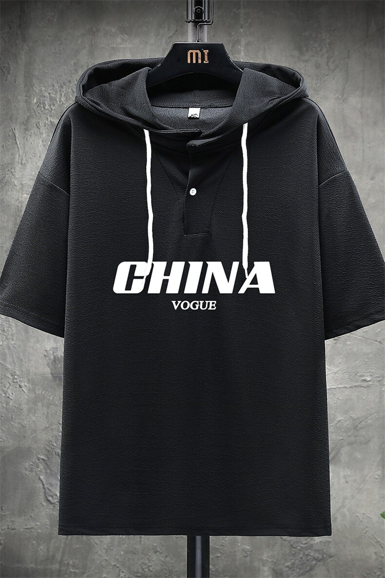 LD54001-P45连帽短袖t恤男大码胖子带帽五分袖中袖展架,男装T恤,电商A040A