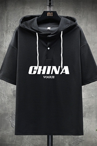 LD54001-P45 连帽短袖t恤男大码胖子带帽五分袖中袖 展架图片